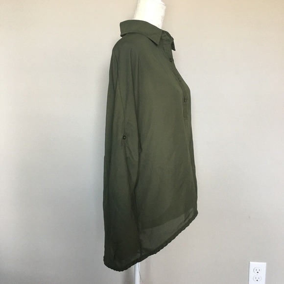 Ruiyige Women's Medium Olive Green Sheer Blouse Button Up Shirt Long Sleeve, - Picture 4 of 11